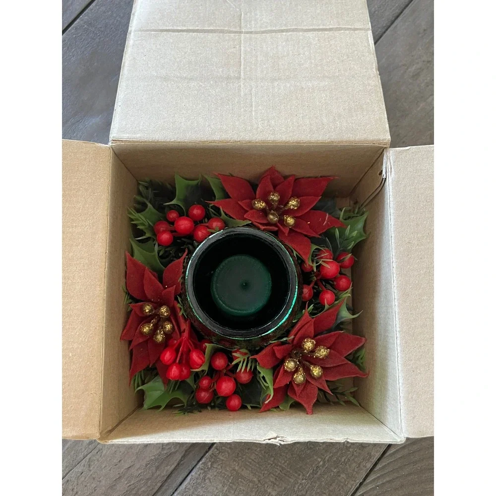 Vintage Christmas Welcome Lite Poinsettia Candle Holder Green Glass HongKong